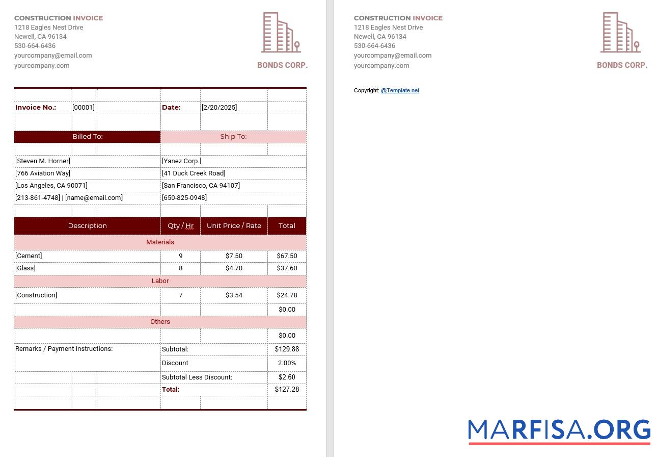 Realistic Simple Construction Invoice Template